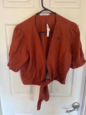 Abercrombie & Fitch Womens Rust Linen-Blend Puff Sleeve Tie-Front Top XL